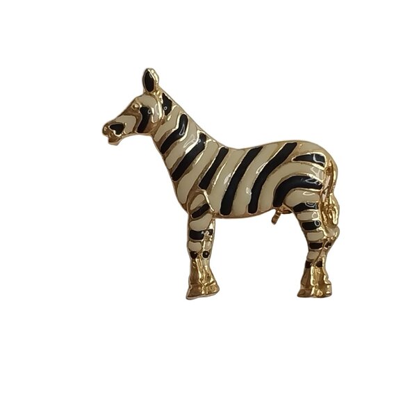 Zebra Enamel Gold-Tone Brooch Pin - Picture 1 of 3